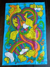Vintage 1970s Psychedelic Linen Tea Towel Czechoslovakia Retro Ribbon Floral picture