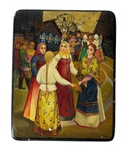 Vintage Russian Hand-Painted Lacquer Panel with Village Scene picture