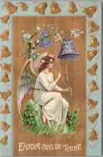 Vintage 1910s EASTER JOYS Embossed Postcard Angel Girl Ringing Floral Bells picture