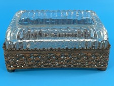 Antique Scalloped Crystal Casket Vanity Box with Brass Rose Filigree Frame picture