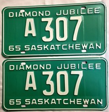 Vintage 1965 Saskatchewan Diamond Jubilee License Plate Pair A 307 Low Number picture