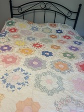 Vintage Grandmother's Flower Garden Quilt Hand Stitched 74” X75” picture