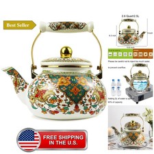 Enamel Tea Kettle 2.5L Vintage Gold Floral Stovetop Teapot Non-Whistling picture