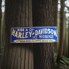 Vintage Harley Davidson Motorcycles Porcelain Sign Wichita Kansas Gas Oil 12"x4" picture