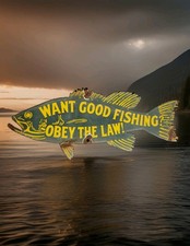 Vintage Want Good Fishing Porcelain Sign Obey The Law Camping Hunting Gas Oil picture