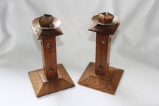 Pair ANTIQUE ARTS & CRAFTS Carved inlay Dark Oak Candle Holders copper c. 1920 picture