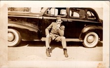 WWII US Soldier Sitting on 1940s Sedan Photograph Homefront GI Portrait picture