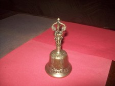 VINTAGE INDIA BRASS BELL W CROWN HANDLE AND SWORD ENGRAVED ORNATE LOUD picture