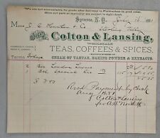 Antique 1881 Syracuse NY Colton & Lansing Tea Coffee Spices Billhead Receipt picture