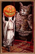 Antique Halloween Postcard Florence Bamberger Hood Cloak JOL Scared Owl c1910s picture