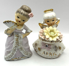 Lefton April Daisy Diamond Angel & Lady with Fan Figurines 4.75” - REPAIRED picture