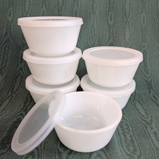 Vintage Milk Glass Custard Cups Lids Set of 6 4oz #453 Fire-King Glasbake Style picture