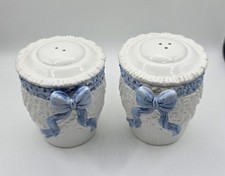 Vintage Ceramic Salt & Pepper Shakers Blue Bow Ribbon Embossed Cottage Kitchen picture