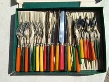 VINTAGE MCM BAKELITE CATALIN 24 PIECE SET MULTI COLORS KNIVES SPOONS & FORKS picture
