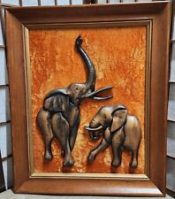 Vintage Unique 3D Brown Elephant Framed Wall Art 1970's picture