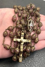 Vintage Enamel Sacred Heart Rosary Pink Cage Glass Beads Brass Tone Crucifix 36” picture