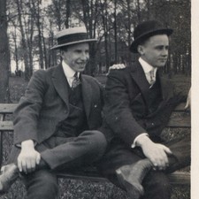 c1910s Young Men Park Bench Straw Boater Bowler Hats Snapshot Photo Three Piece picture