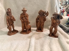 Set of 4 Vintage Rustic Wood Carved Folk Art Pioneer Outdoorsman Figurines picture