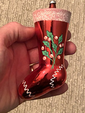 VTG Italian Glass Xmas Ornament Red Stocking Holly 5” Italy De Carlini Style picture