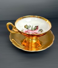 Vintage Taylor & Kent Large Pink Cabbage Rose Tea Cup Saucer Heavy Gold Signed picture