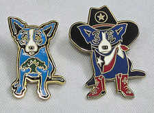 Vintage George Rodrigue Blue Dog Enamel Pin Lot Of 2 Texas Cowboy GRFA Oak Tree picture