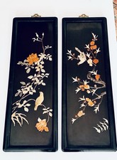 Pair Vintage Chinese Black Laquer Panels With Hand Carved Stone Inlay 26x9” picture