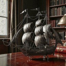 VTG Tin Metal Galleon Ship Sculpture Three-Masted Clipper Nautical Model 24