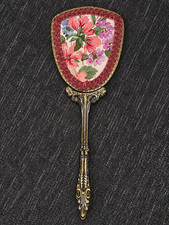 Vintage 1930s-1950s Ornate Floral Hand Mirror Gold Tone Brass Vanity picture