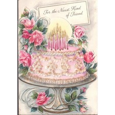 Vintage 1950s Hallmark Birthday Greeting Card Pink Cake Roses Germany VG picture