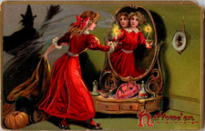 Tuck Halloween Antique Postcard ~ Series 150 ~  Woman Looks in Mirror picture