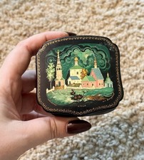 Vintage Soviet Lacquer Box Hand Painted Russian Church Made in USSR picture
