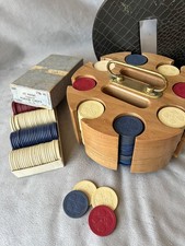 Vintage 1930s Poker Set With 300 Clay Chips Embossed with the Four Card Suits picture
