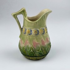 Antique Vintage Majolica Floral Creamer Pitcher 4.5” Mold 2165 Green Pansy Tulip picture