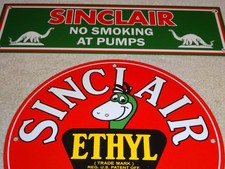 VINTAGE SINCLAIR GASOLINE DINO THE DINOSAUR PORCELAIN METAL SIGN COLLECTION OF 2 picture