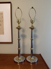 Pair Vintage 60s-70s Mid Century Modern Chrome Brass Faux Bamboo Table Lamps 33” picture