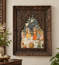 Vintage Indian Wall Carved Wooden Art Krishna with Gopis Home Room Mandir Decor picture