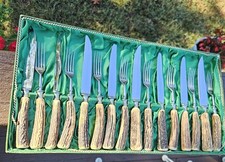 Vintage Walter Willms Solingen Germany 12Pc CARVED Stag Horn Steak Knife Forks picture