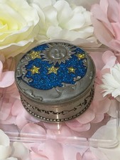 Celestial Moon Sun Stars Pewter Silver Sparkling Blue Jewerly Trinket Box Mystic picture