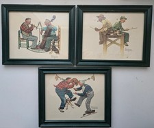 Vintage Norman Rockwell 3D Art Set 3 Framed Old Timers Fishing Music Dance picture