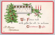 Antique Christmas Postcard Embossed Firtree Candelabra Holly Border Verse picture