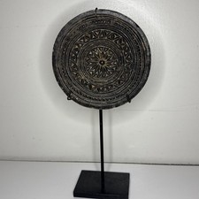 Antique Hand Carved Black Stone Disc Sculpture 6.5