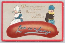 Vtg c1910 Won't you, dearest Cataline Love in a Sausage Valentines Tuck Postcard picture