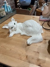 Vintage Large White Ceramic Persian Like Cat Long Hair Cat Statue Decor picture