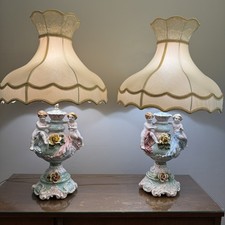 Pair Vintage Capodimonte style Porcelain Cherub Lamps 38” W/ Shade  picture