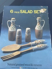 Mid Century Vintage Porcelain & Wood Kitchen Salad Set picture