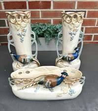 Vintage set of 3 Art Nouveau ceramic or porcelain pheasant bird vases & mail picture