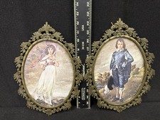 Vintage Italian Brass Oval Picture Frames Pair Ornate Boy Girl picture