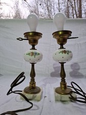 Pair Vintage 1950s Handpainted Milk Glass Lamps Marble Base  picture