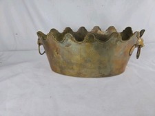 Antique/VTG Solid Brass Jardiniere Cache Pot w/2 Lion Head Rings 9” L Base Oval picture