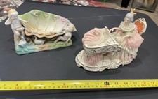 Vintage European Porcelain Lot - Dresden Lace Lady Pianist & Putti Shell Bowl picture